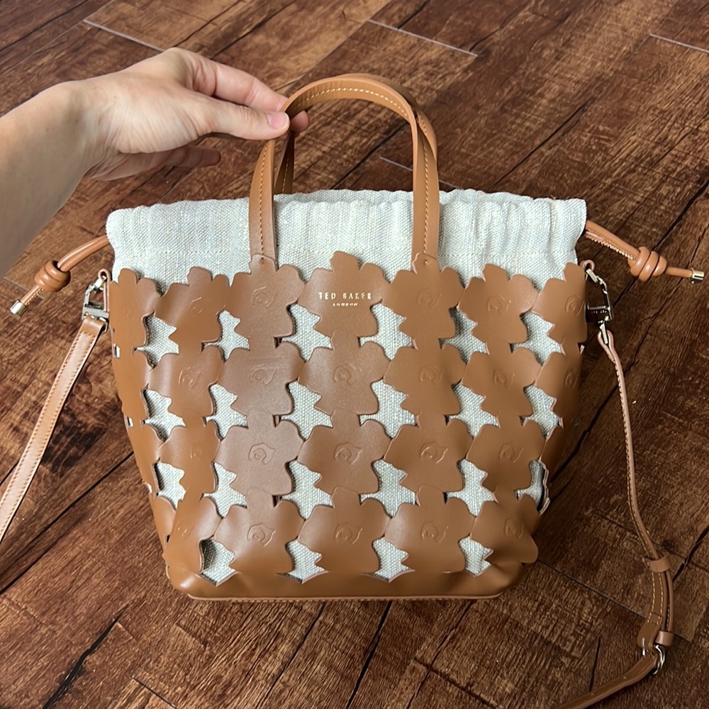 Ted Baker Tan Leather Floral Cutout Crossbody with White Canvas - Picture 8 of 14